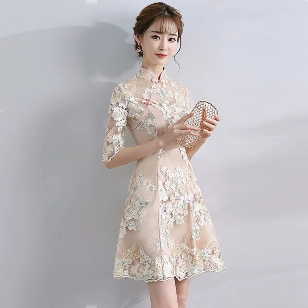 Elegant Floral Lace Dress, Chinese Cultural Qipao- used once, in great condition